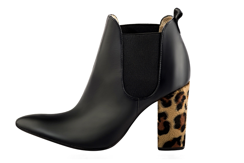 Satin black women's ankle boots, with elastics. Tapered toe. Very high block heels. Profile view - Florence KOOIJMAN